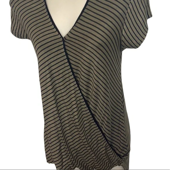 Anthro Maeve Leila Olive Green Striped Short Sleeve Top - Picture 3 of 6